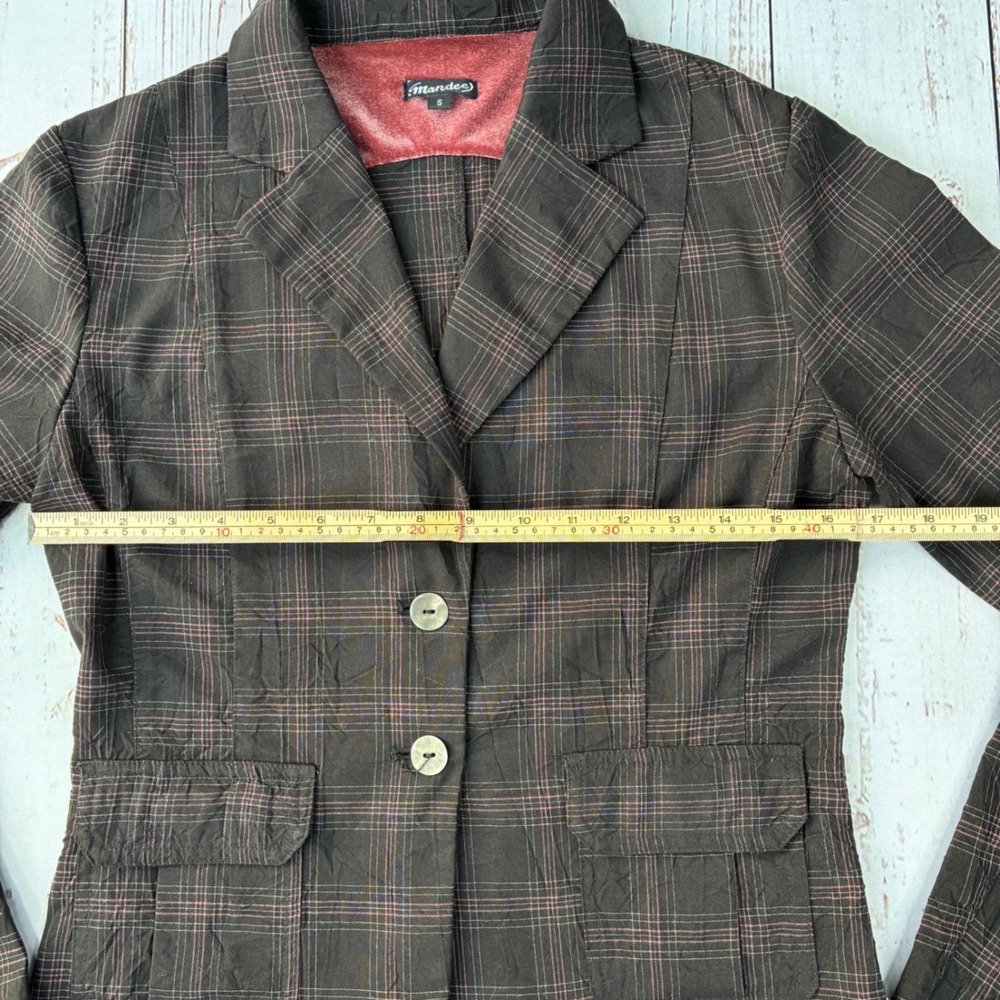 Mandee Womens Brown Plaid Two Button Blazer Jacket Small Pink Accents - Picture 6 of 9